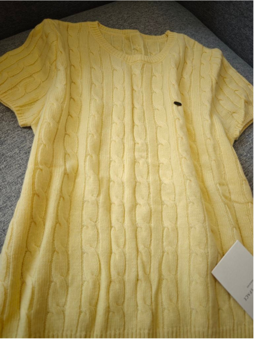 Women's Yellow Cable Knit Short Sleeve Crew Neck Sweater S - Picture 4 of 11